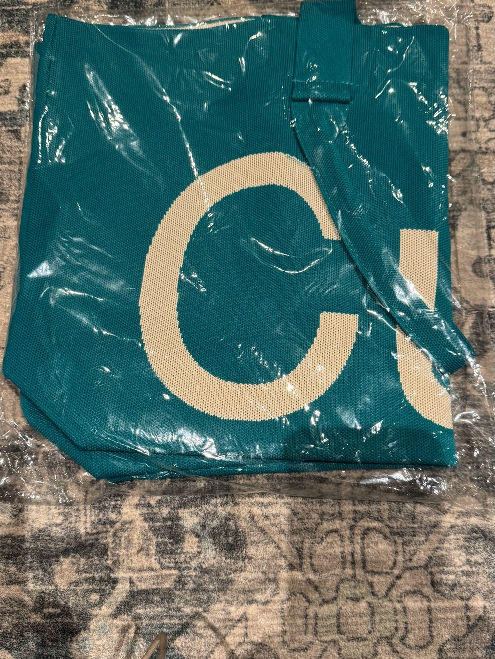 Teal Canvas Tote with Cream Graphic - Brand Unknown